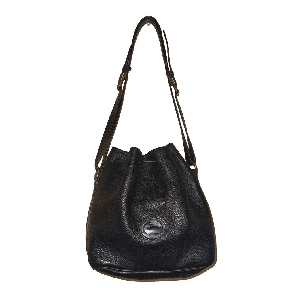 Dooney Bourke Vintage 90s Black Pebbled Leather Bucket Bag Drawstring Tassel